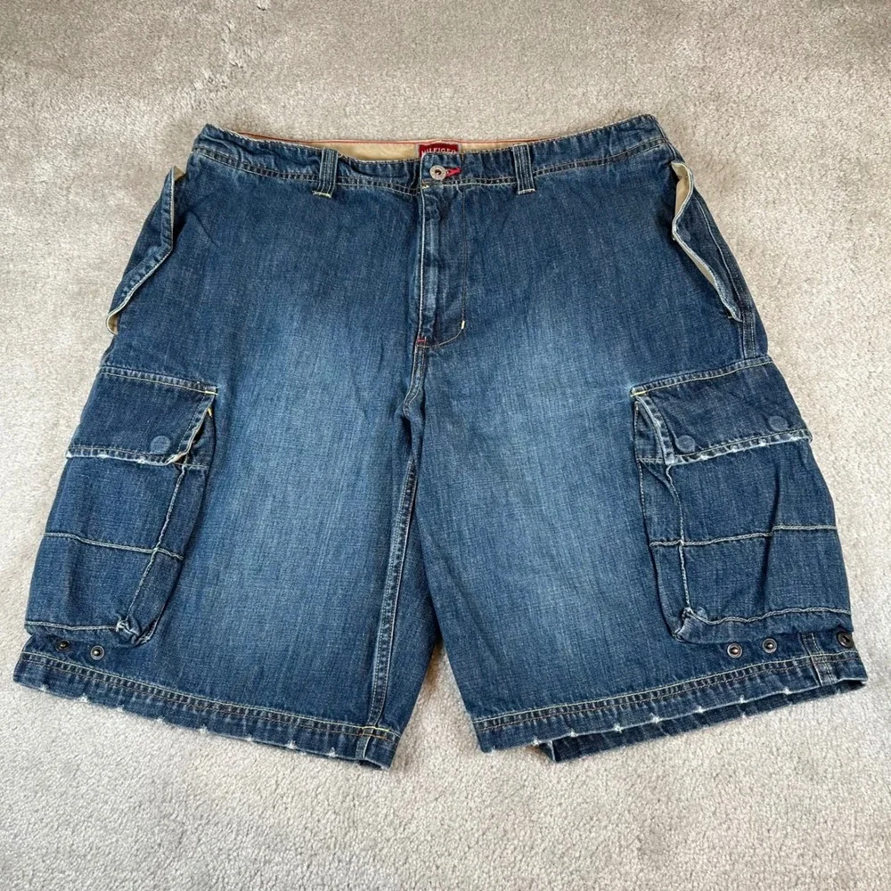 Vintage Y2K Tommy Hilfiger Cargo Shorts Mens 36 Blue Denim Label Baggy Utility